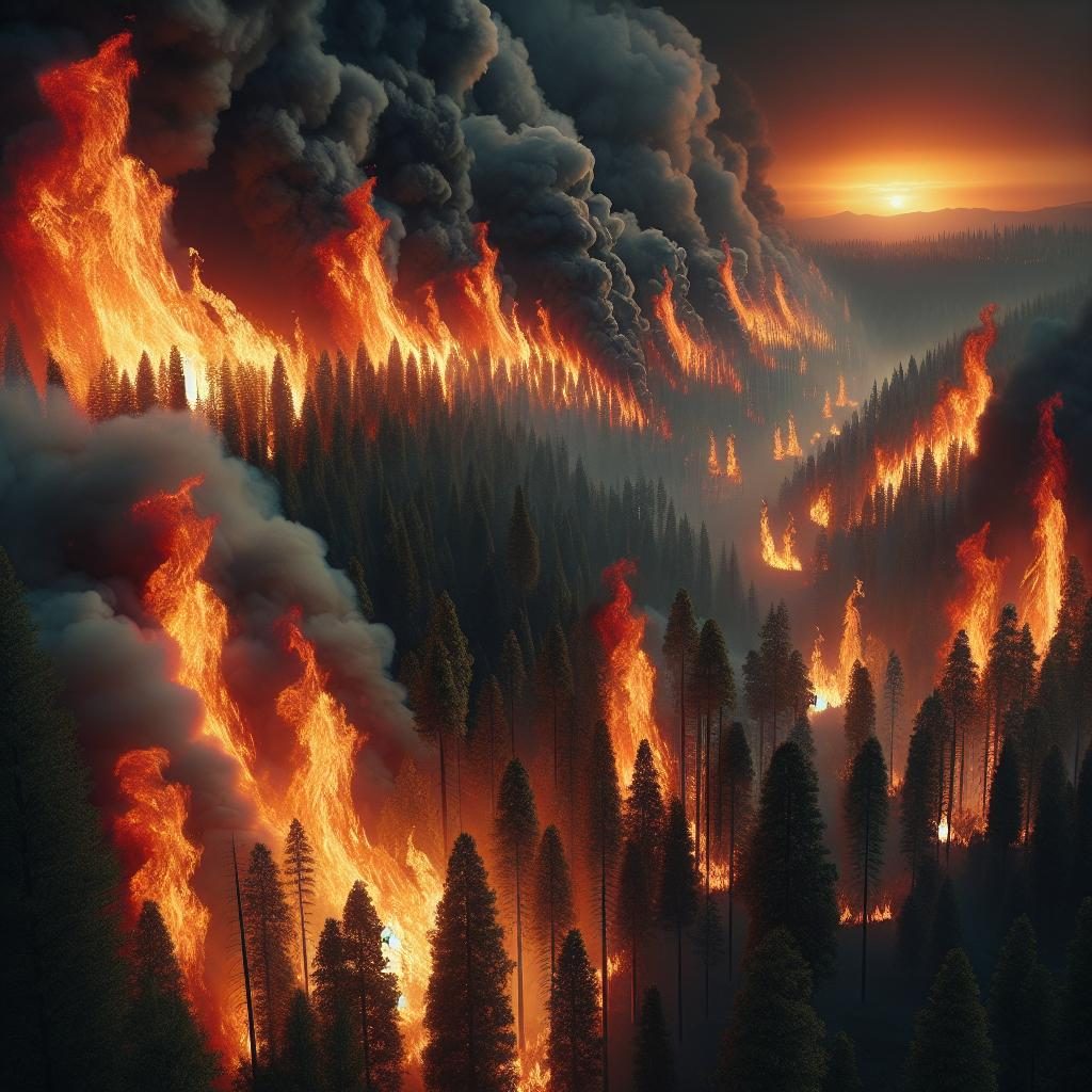 Fiery wildfire engulfing forest.