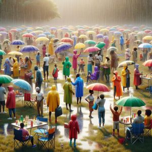 "Community reunion in rain"