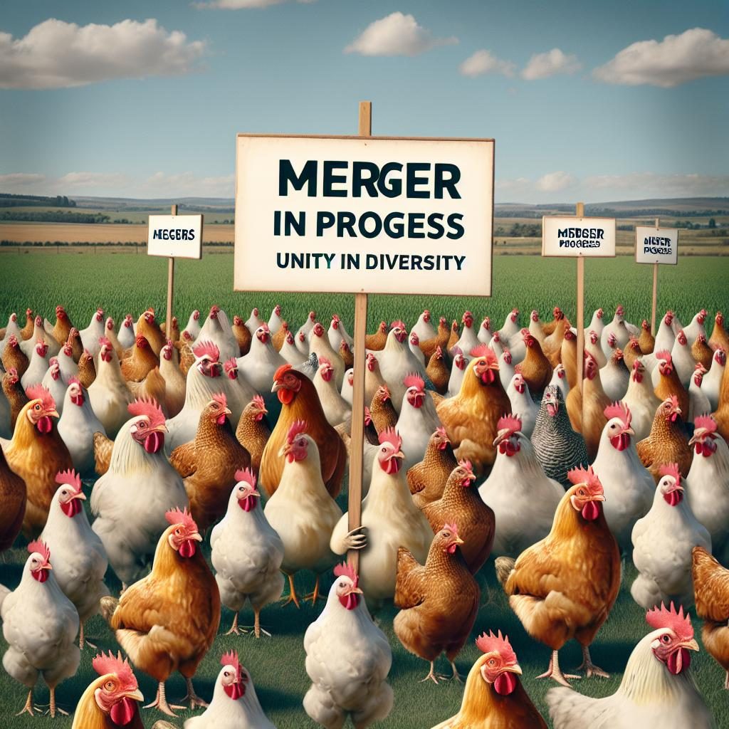 Chickens with corporate merger signs.