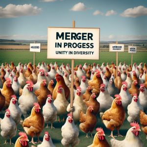 Chickens with corporate merger signs.