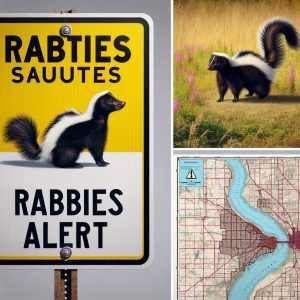 Rabies alert sign, skunk, county map