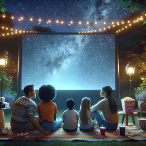 Family watching movie outdoors