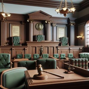 Courtroom with gavel and sentences