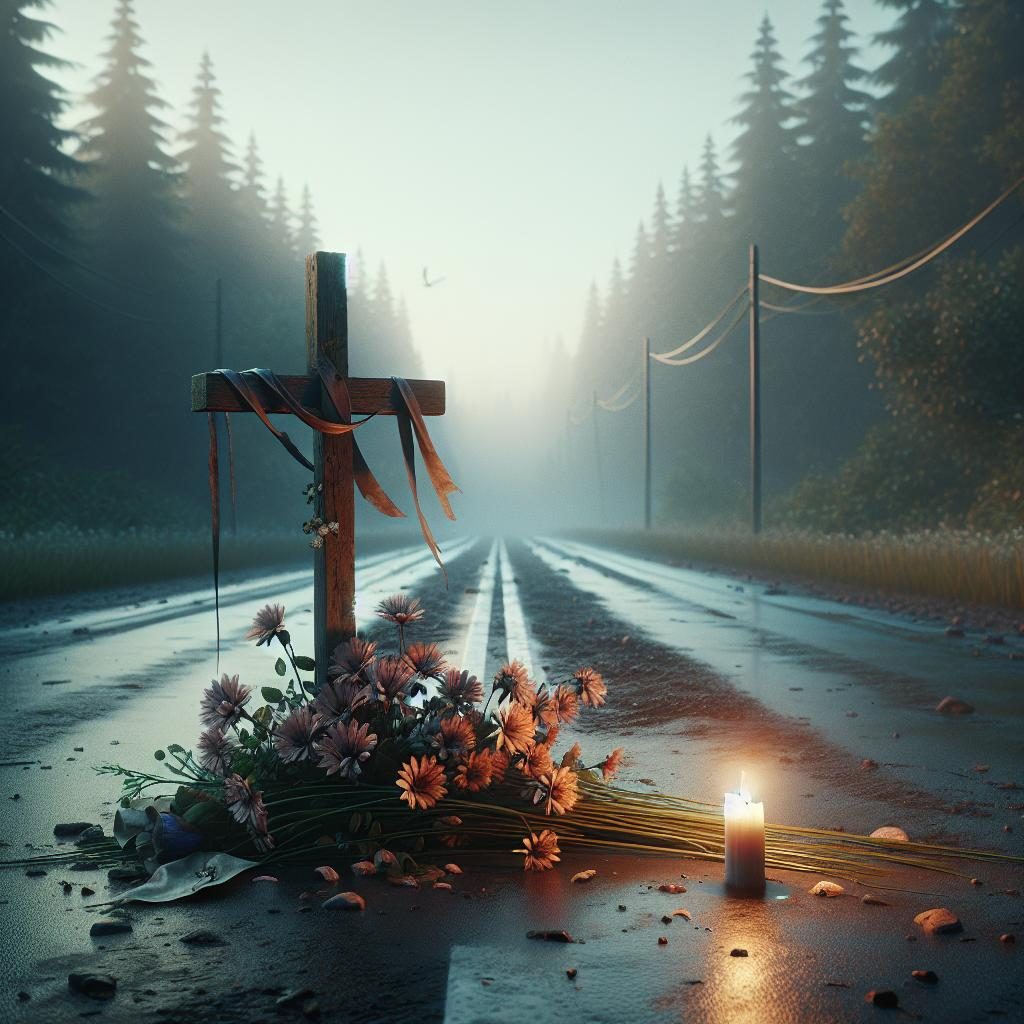 Somber roadside memorial scene