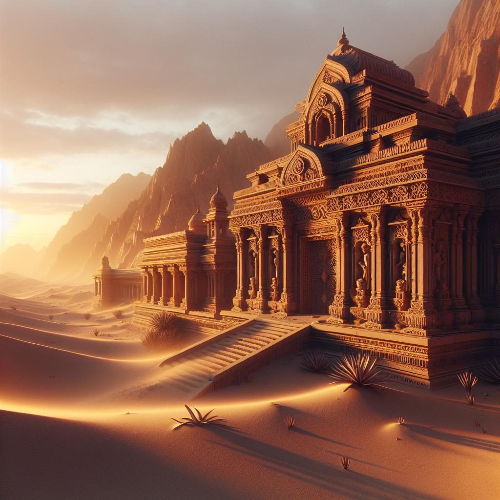 Desert temple architecture sunrise.