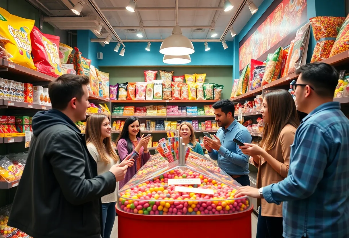 Influencers marketing Ferrara's candy products in a colorful candy store