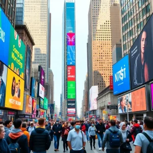 New York City street with marketing billboards and people