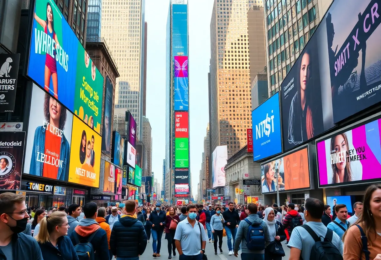 New York City street with marketing billboards and people