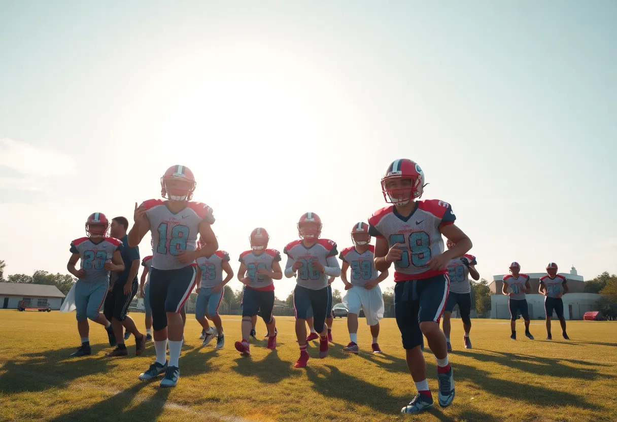 Newberry Bulldogs football team practicing outdoors after hurricane