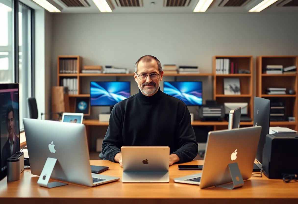 Steve Jobs showcasing marketing genius in front of Apple products