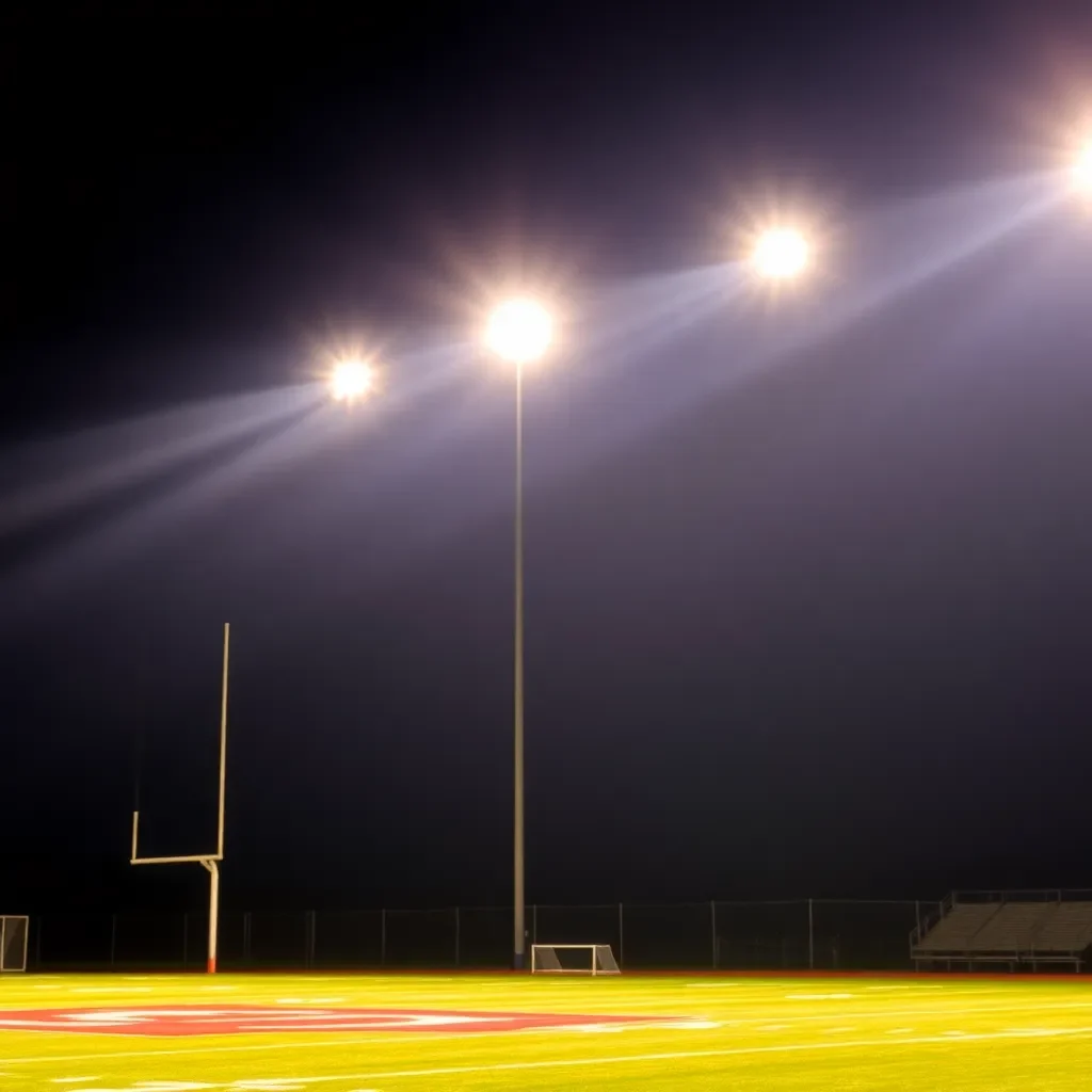 Friday night lights illuminating a vibrant football field.