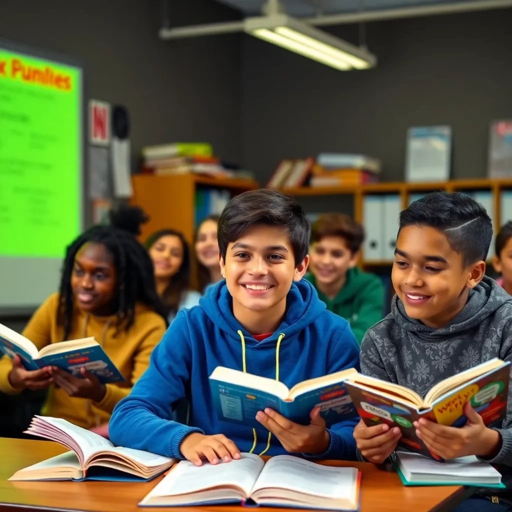 Diverse classroom with engaged students and open books.