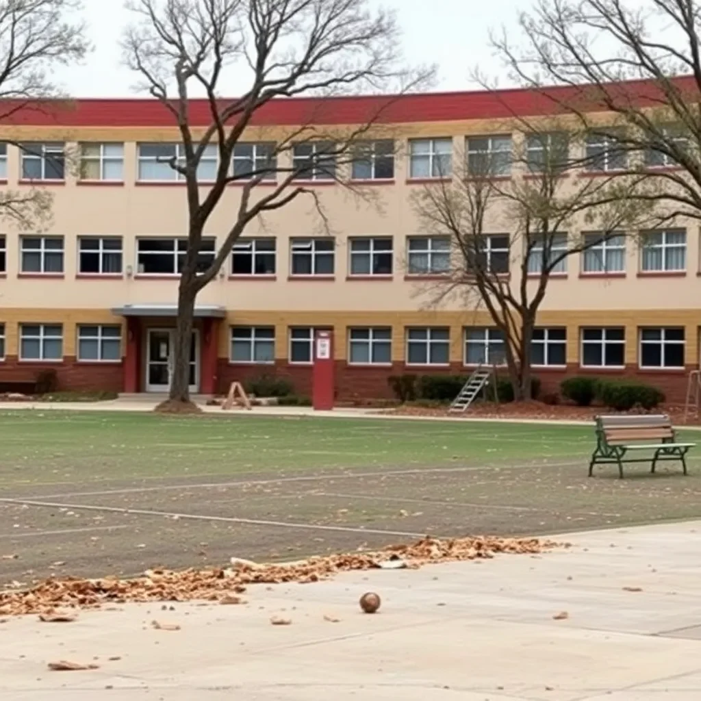 Empty school playground with scattered debris after storm.