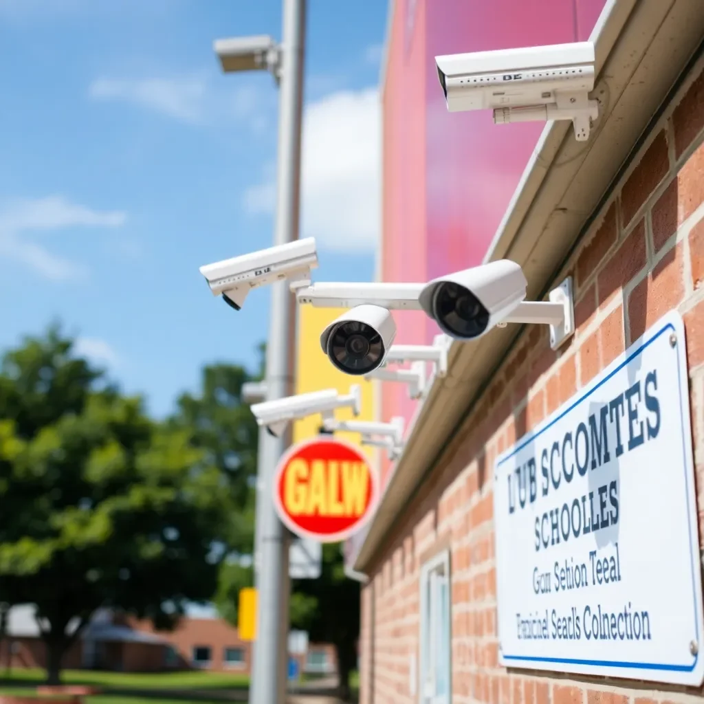 School security measures with visible surveillance cameras and signage.