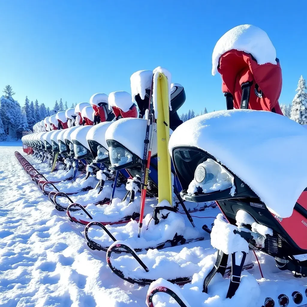 Snow-covered sports equipment ready for winter activities.