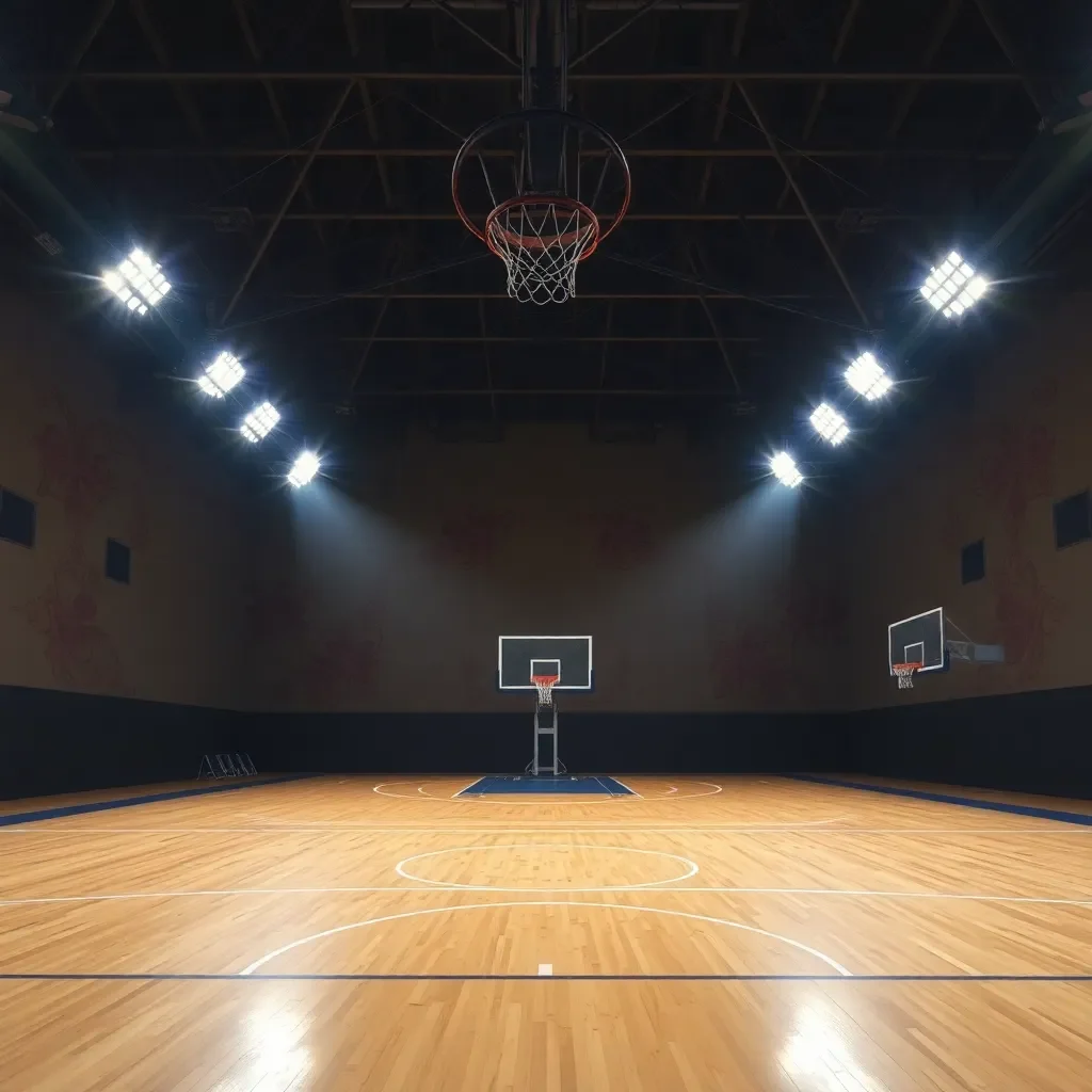 A dramatic basketball court under bright lights.