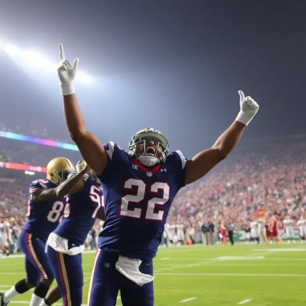 Dramatic football game-winning touchdown celebration on the field.