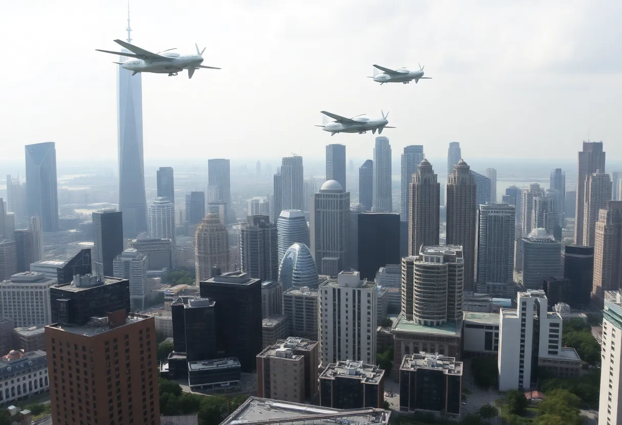 Urban skyline with futuristic flying vehicles above.