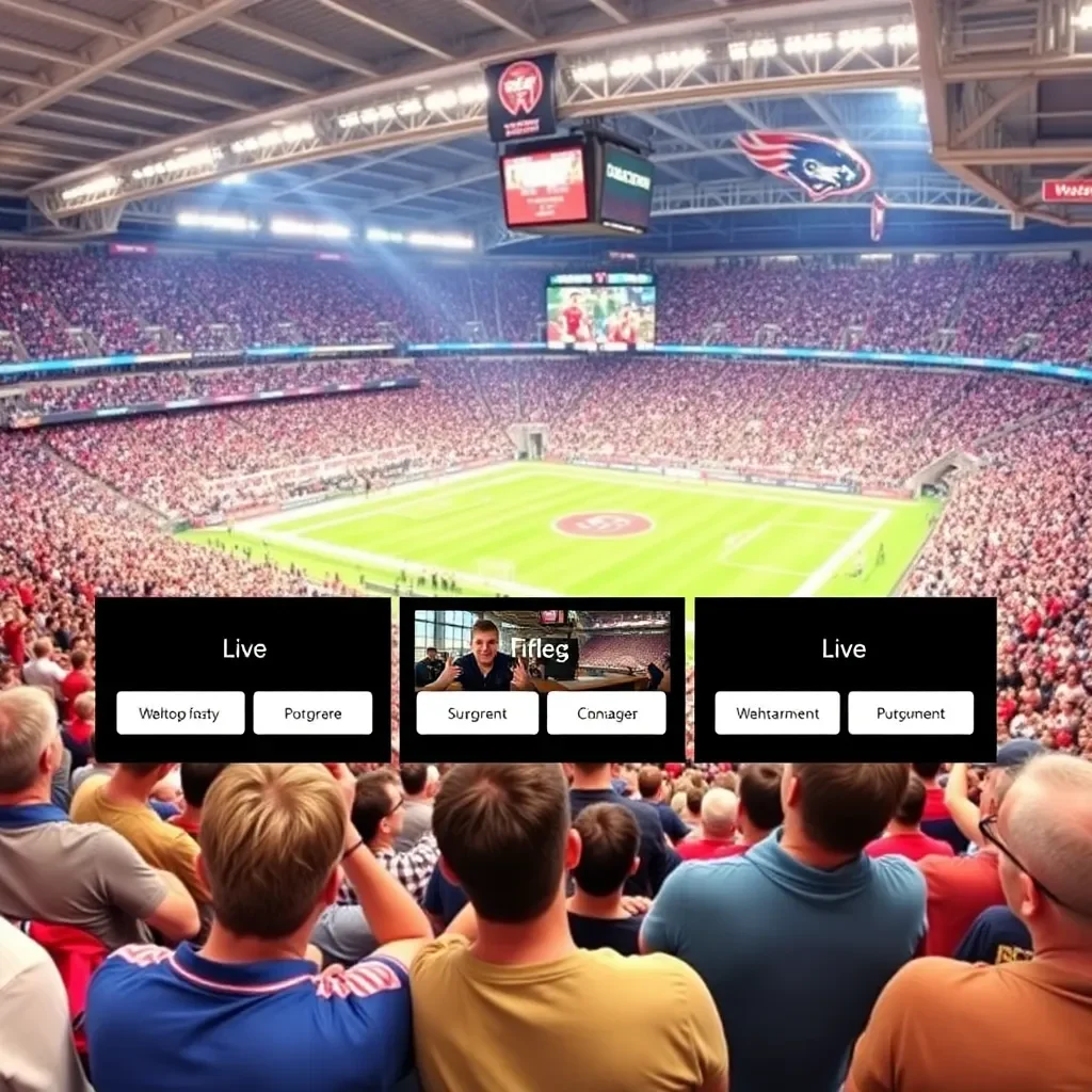 Dynamic sports venue with fans enjoying live streaming options.