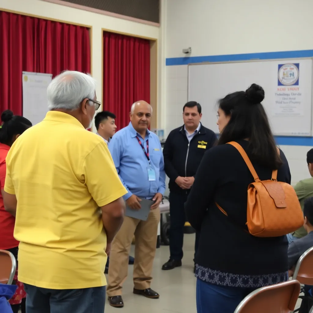 Community meeting in school, parents discussing safety measures.