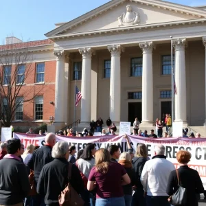 Community gathering in front of a courthouse with banners.