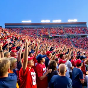 Cheering crowd with vibrant school colors at football game.