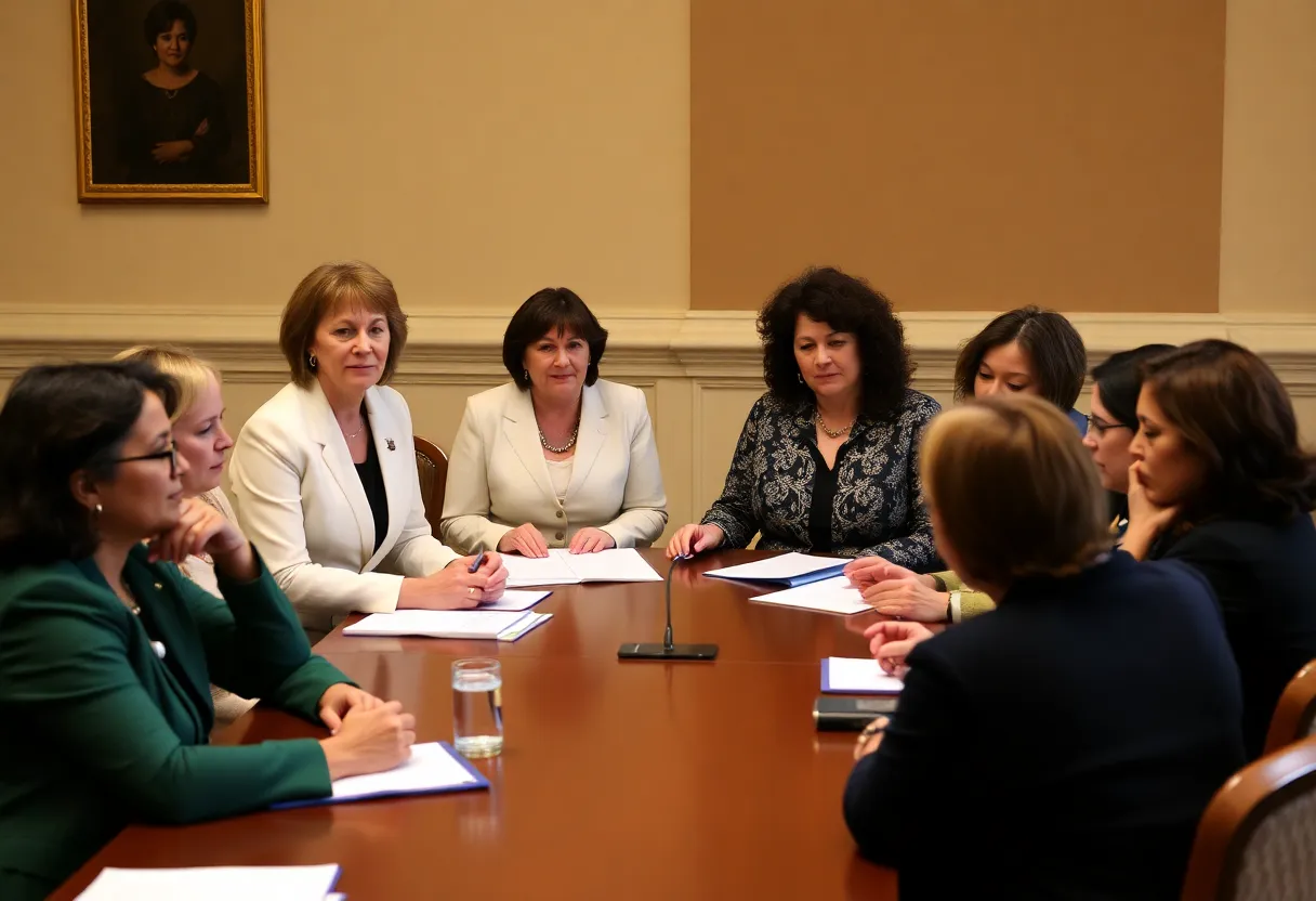 Diverse group of women collaborating at a legislative table.