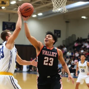 Dynamic college basketball action on the court.