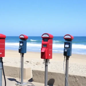 Parking meters in a beachside setting with ocean view.