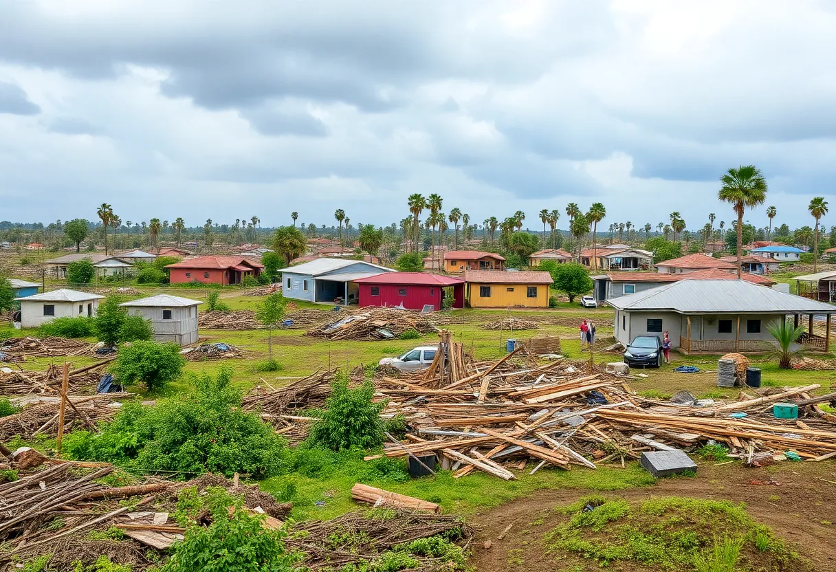 Storm-damaged landscape with resilient community rebuilding efforts.