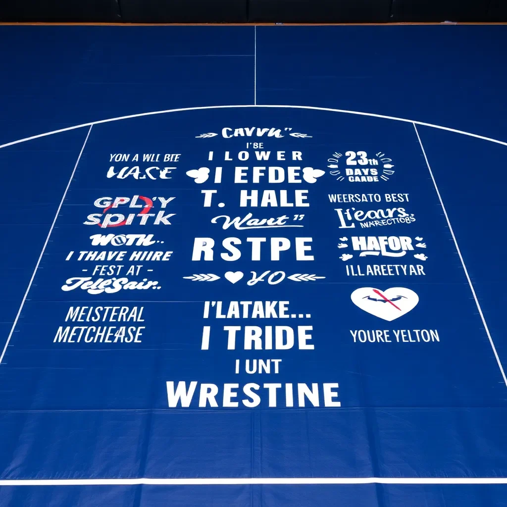 Wrestling mat with inspirational quotes and team spirit symbols.