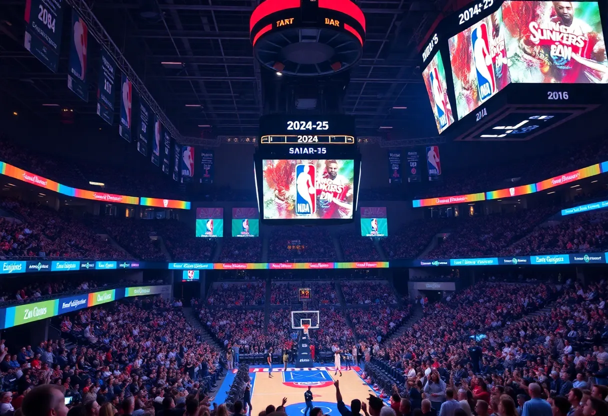 Excited basketball fans in a vibrant NBA season arena