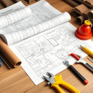 A workspace showing blueprints and roofing materials for planning a roofing project