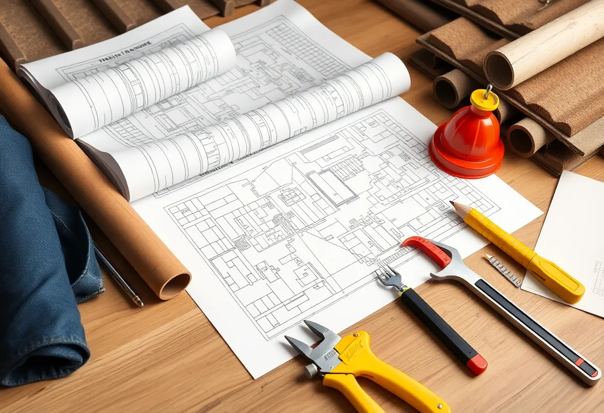 A workspace showing blueprints and roofing materials for planning a roofing project