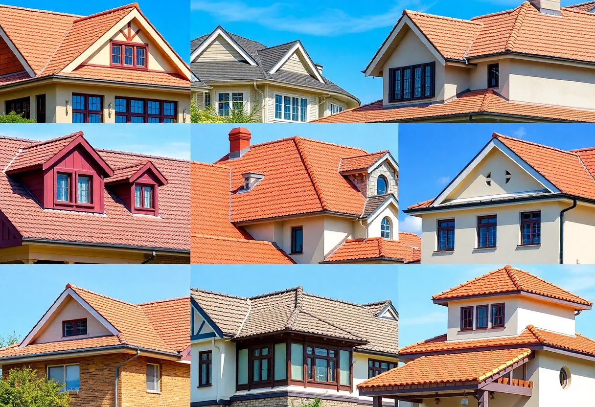 A collage of different roofing styles including gable, hip, flat, and Mediterranean roofs.