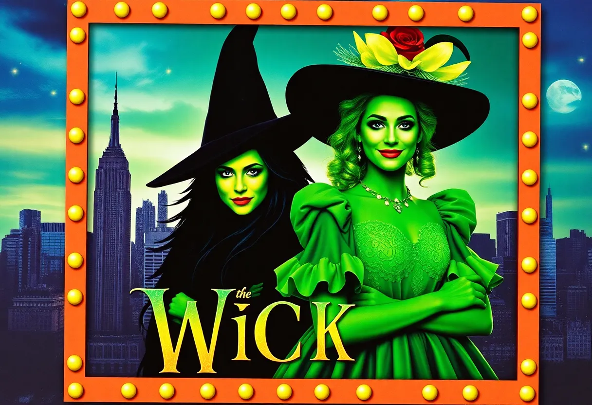 Promotional image of Wicked movie with Elphaba and Glinda against NYC skyline