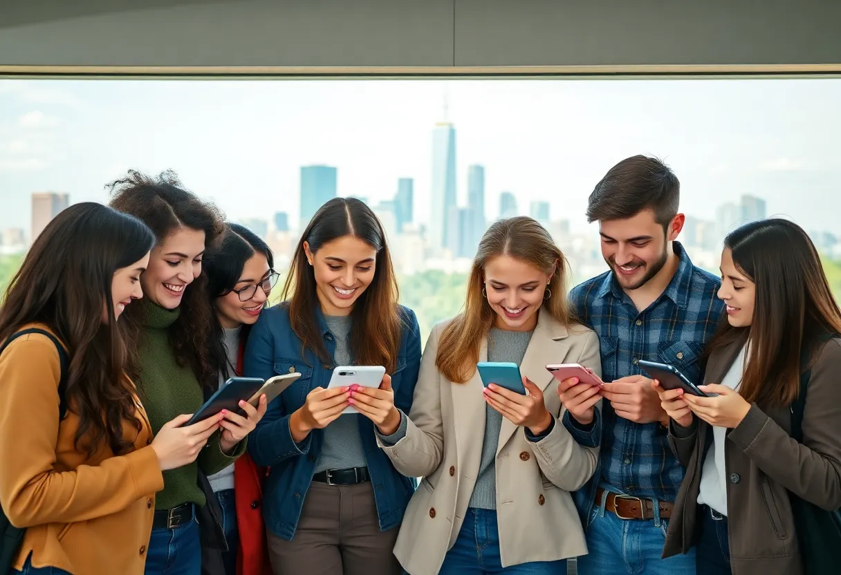 A diverse group of young voters using digital devices to engage with political content.