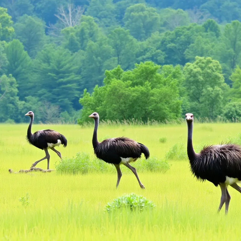 Emus roaming freely in a lush South Carolina landscape.