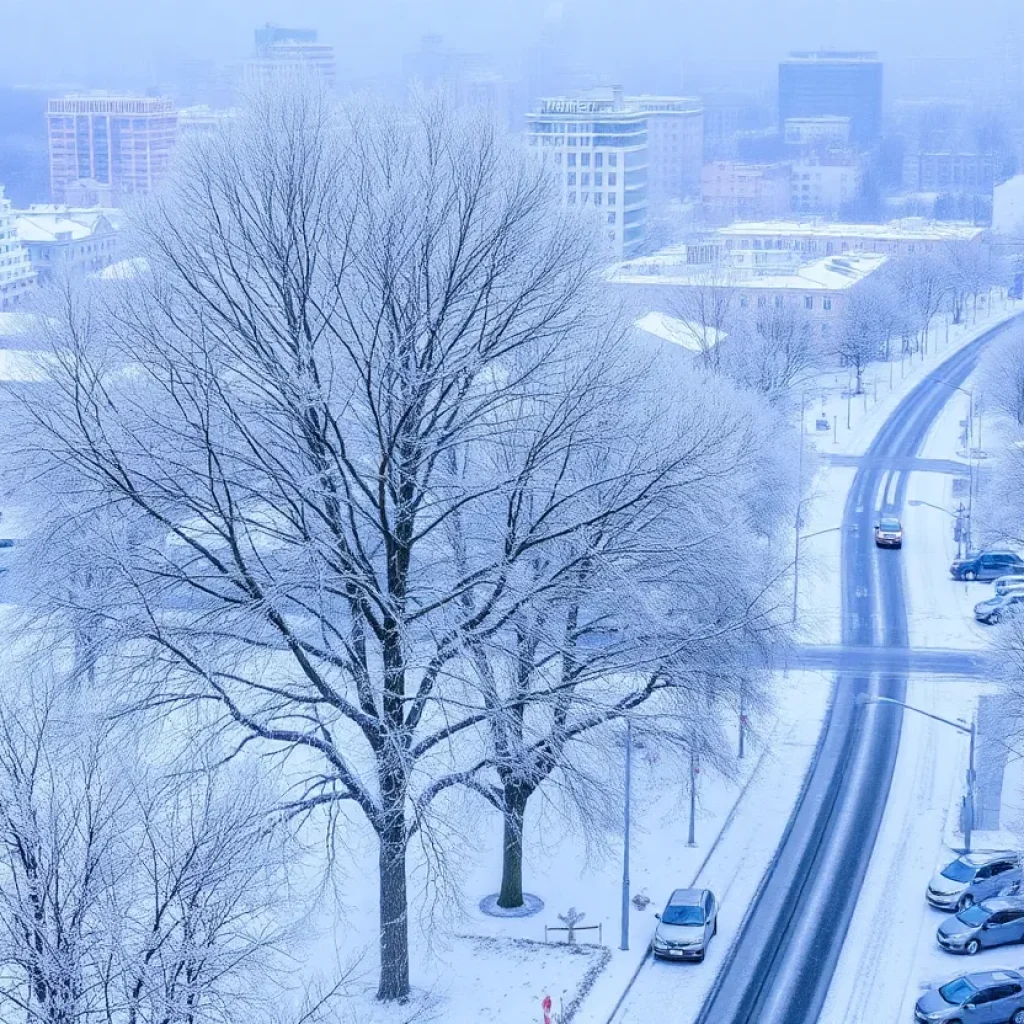 Snow-covered cityscape with frosty trees and empty streets.