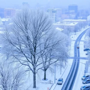 Snow-covered cityscape with frosty trees and empty streets.