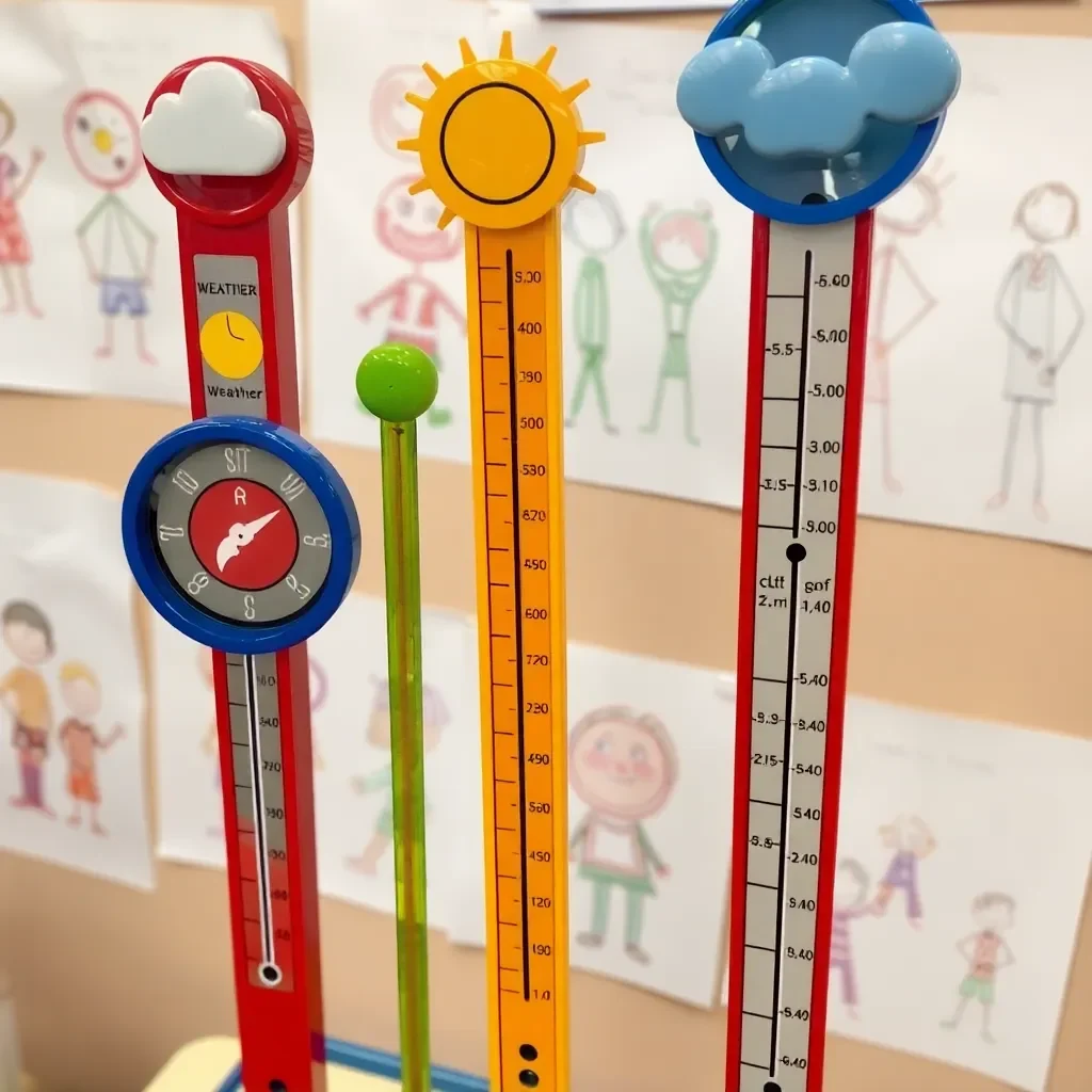 Colorful weather instruments with children’s drawings in background.