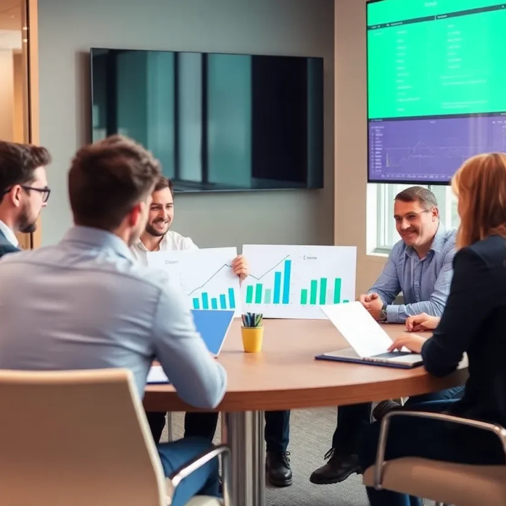 Business team discussing energy solutions in a conference room.