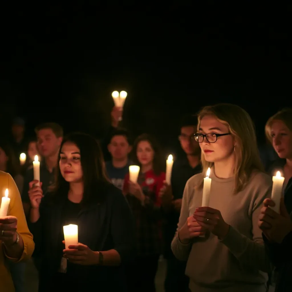 Candlelight vigil with community members holding candles together.