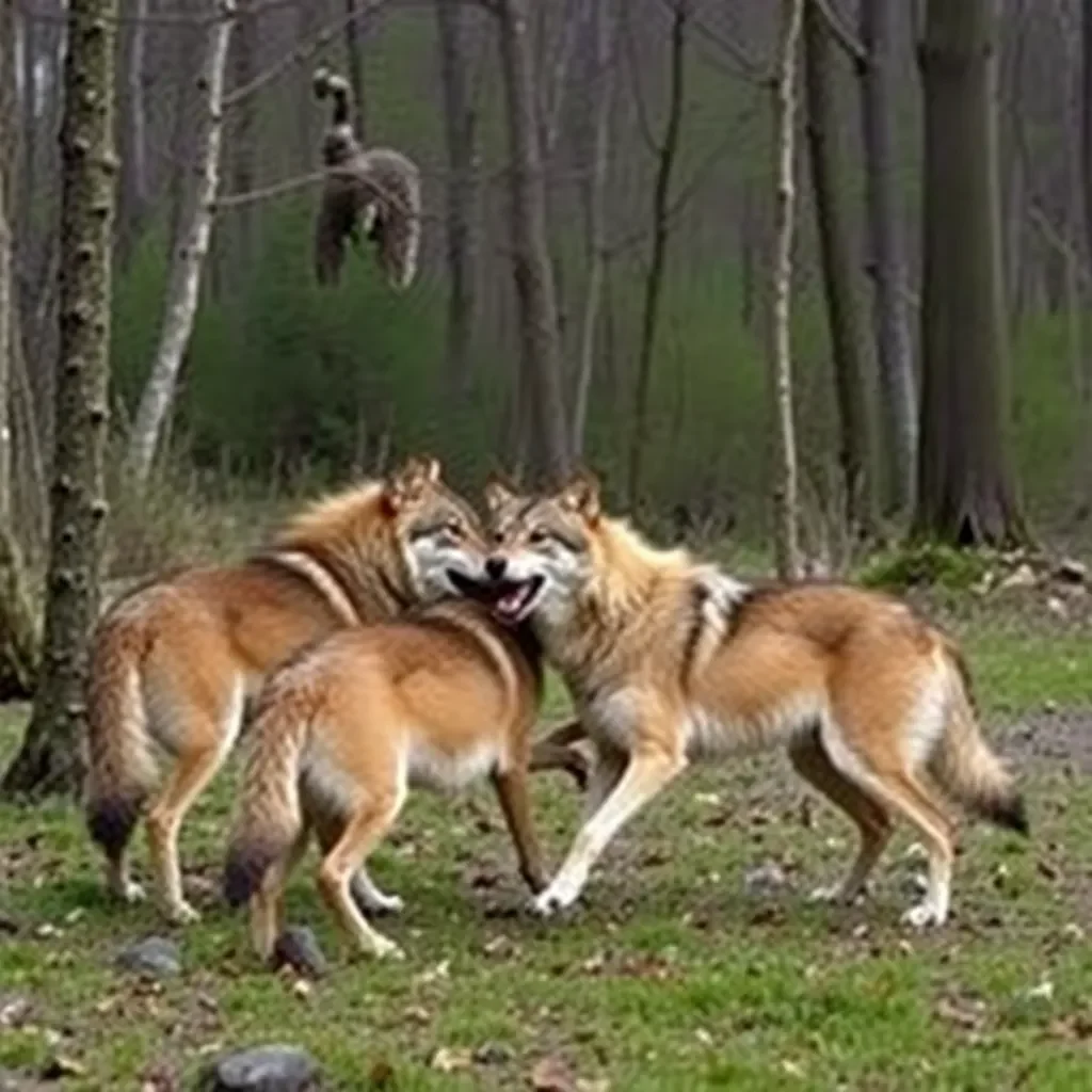 A serene woodland setting with wolves playfully interacting.