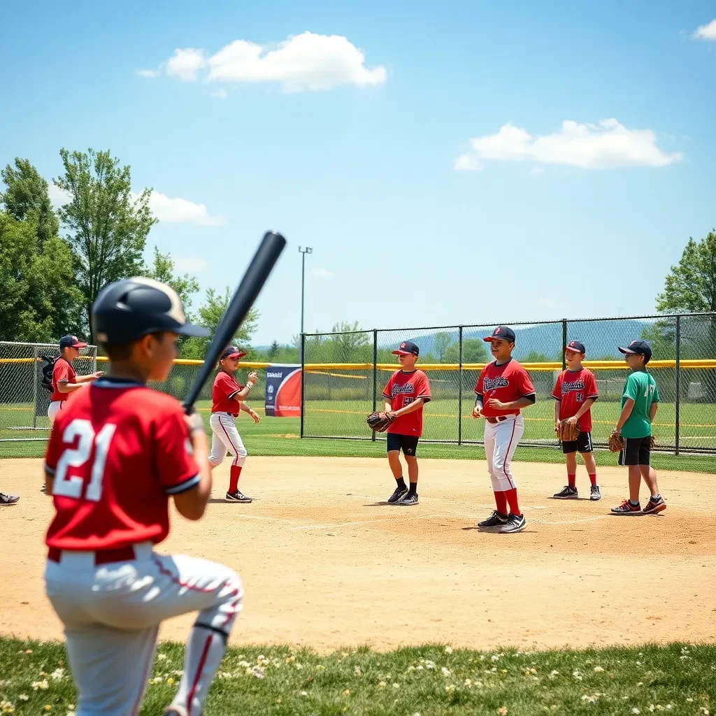 Youth baseball players training under sunny skies.