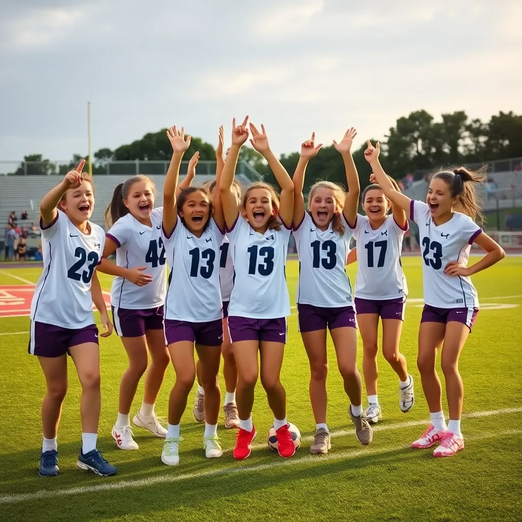 Excited young athletes celebrating team unity on a football field.