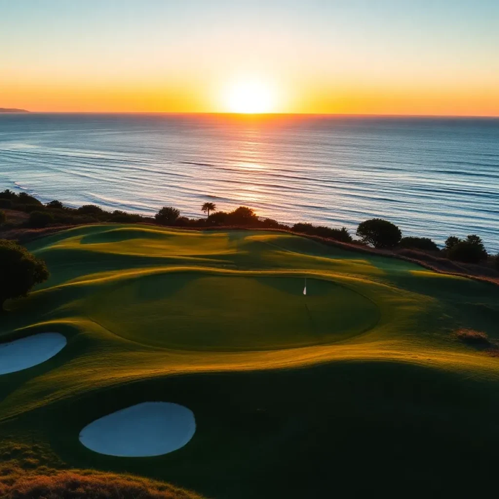 Stunning golf course landscape at sunrise with ocean backdrop