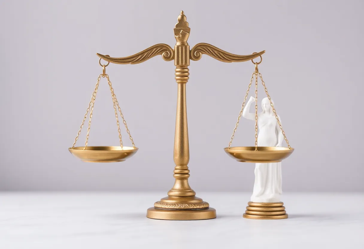 Scales of justice balancing law and mercy symbols.