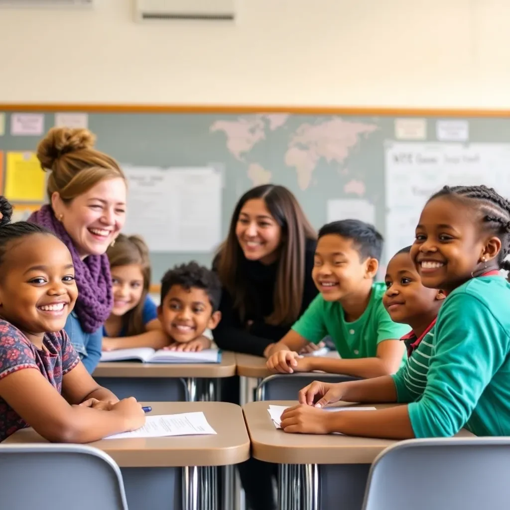 Classroom collaboration with cheerful educators and diverse students.