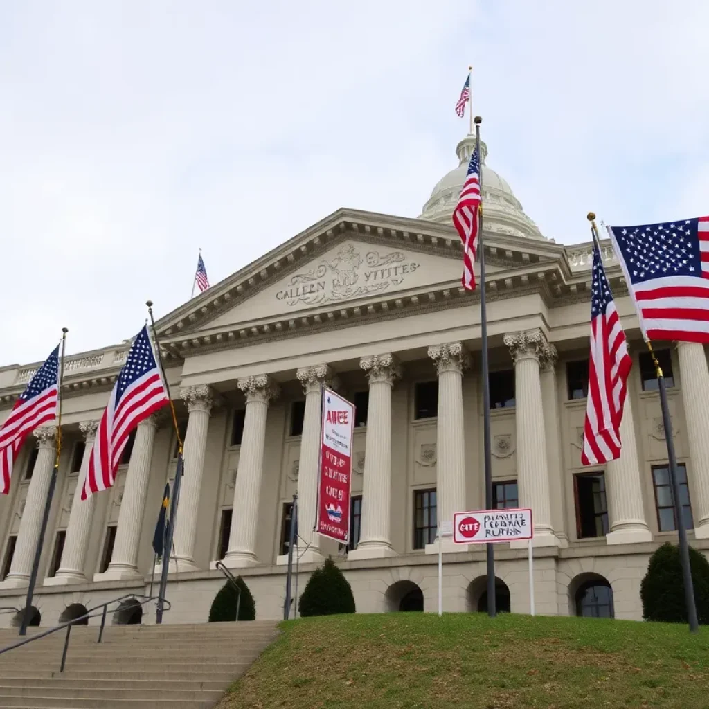 Legislative building with American flags and voting signs.